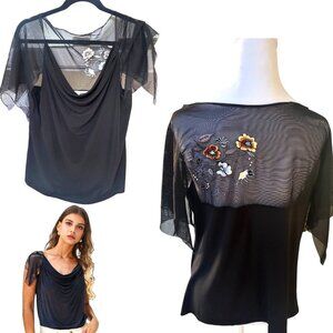 90'S NECESSARY OBJECTS WITCHY GOTH SHEER PANEL BLACK EMBROIDERED BLOUSE S/M